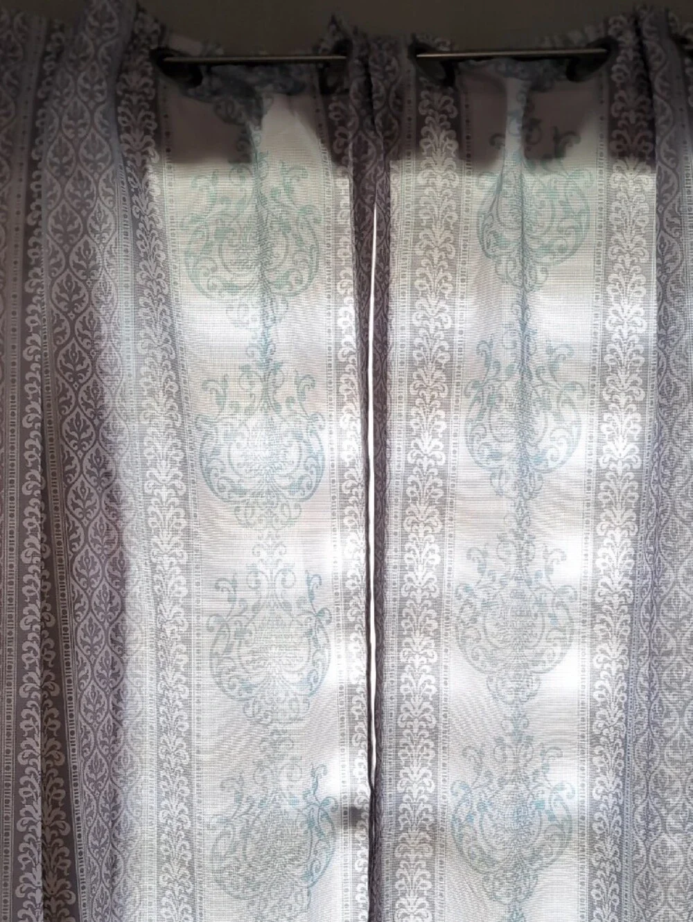 Sheer Medallion Curtain Panels in Aqua Green & Gray